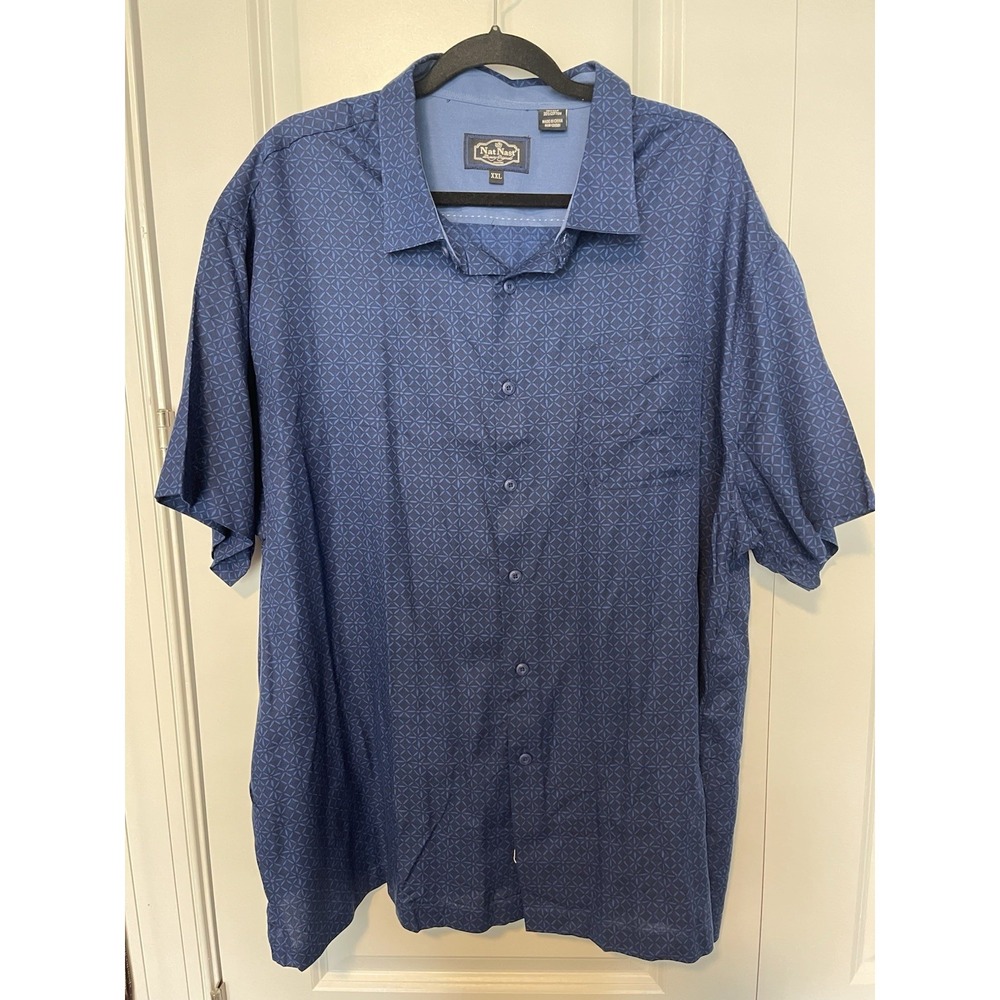 Nat Nast Men's‎ XXL Blue Geometric Silk Blend Short Sleeve Button-Front Shirt